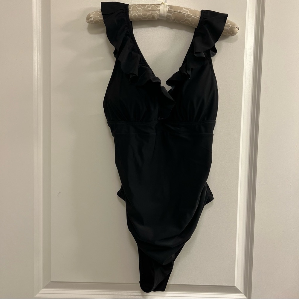 Unbranded Ruffle Plunge One-Piece Swimsuit Black High Cut Padded